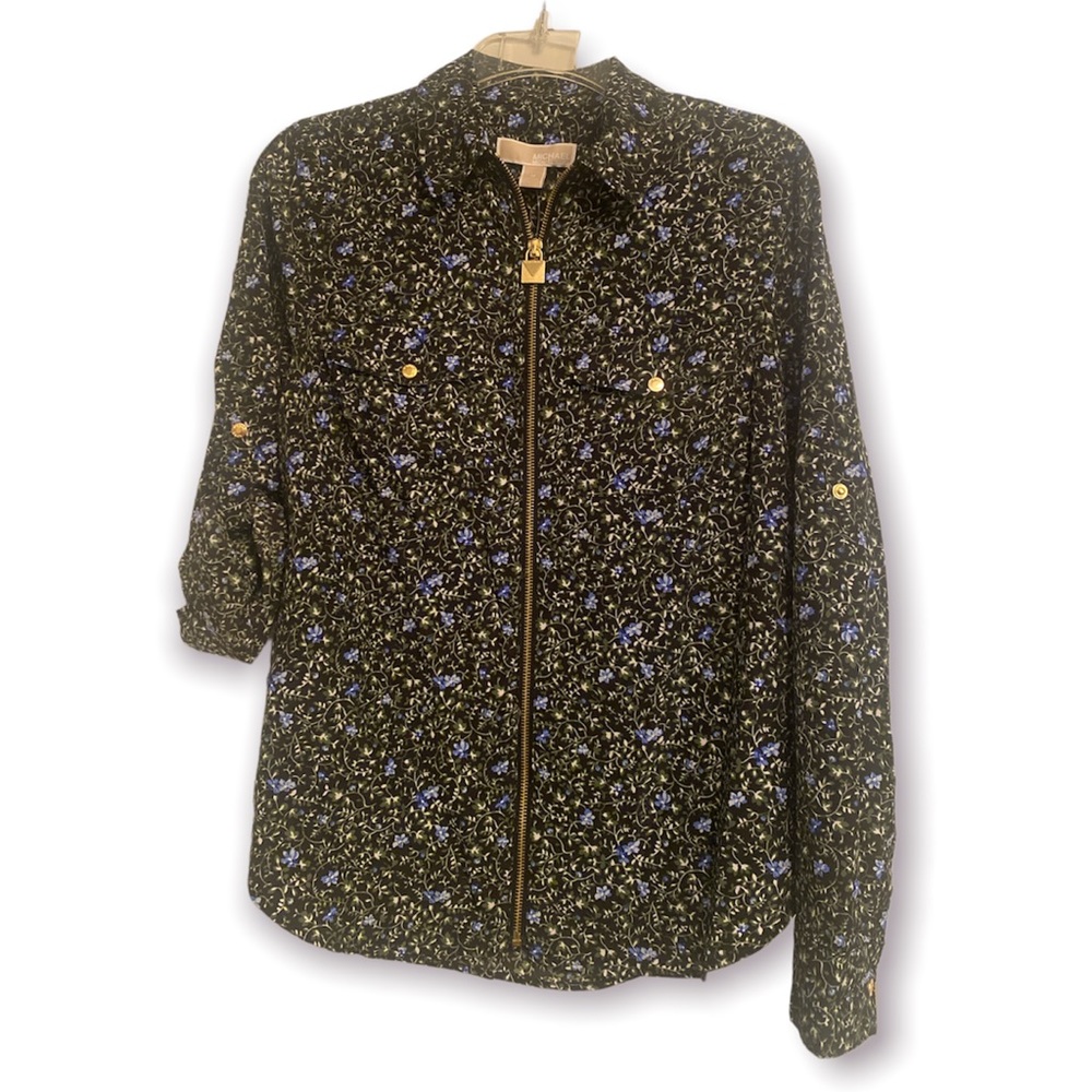 NWT Michael Kors zip shirt, Blue Floral on black